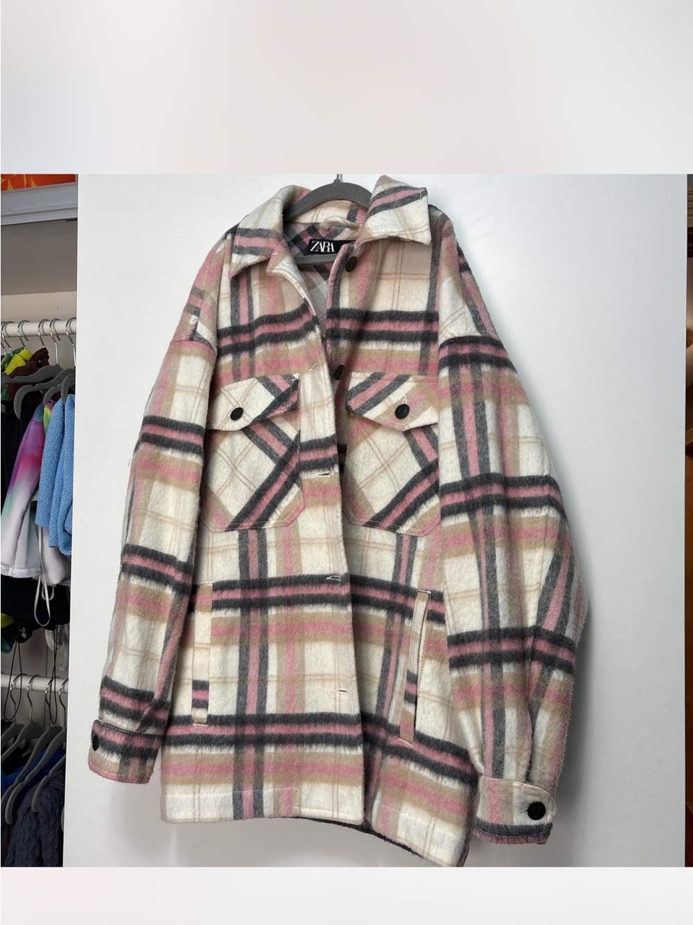 Zara Cream and Pink Plaid Utility Shacket